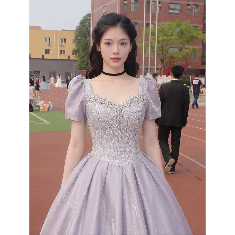 Purple French Evening Dress with a High-End Feel, Suitable for Vocal Arts Exams, Student Birthday, Coming-Of-Age Ceremony, Host, Stunning Princess Dress