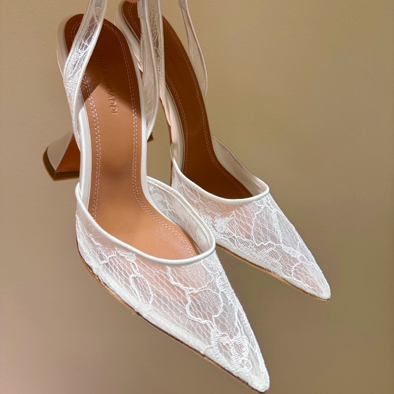 Amina Muaddi Lace Mesh Sexy High Heels European and American Export Pointed Toe Wine Glass Heel Mesh Wedding Shoes