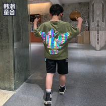 Boys summer short sleeve set 2021 new large childrens clothing boy summer handsome foreign style Korean childrens clothing tide