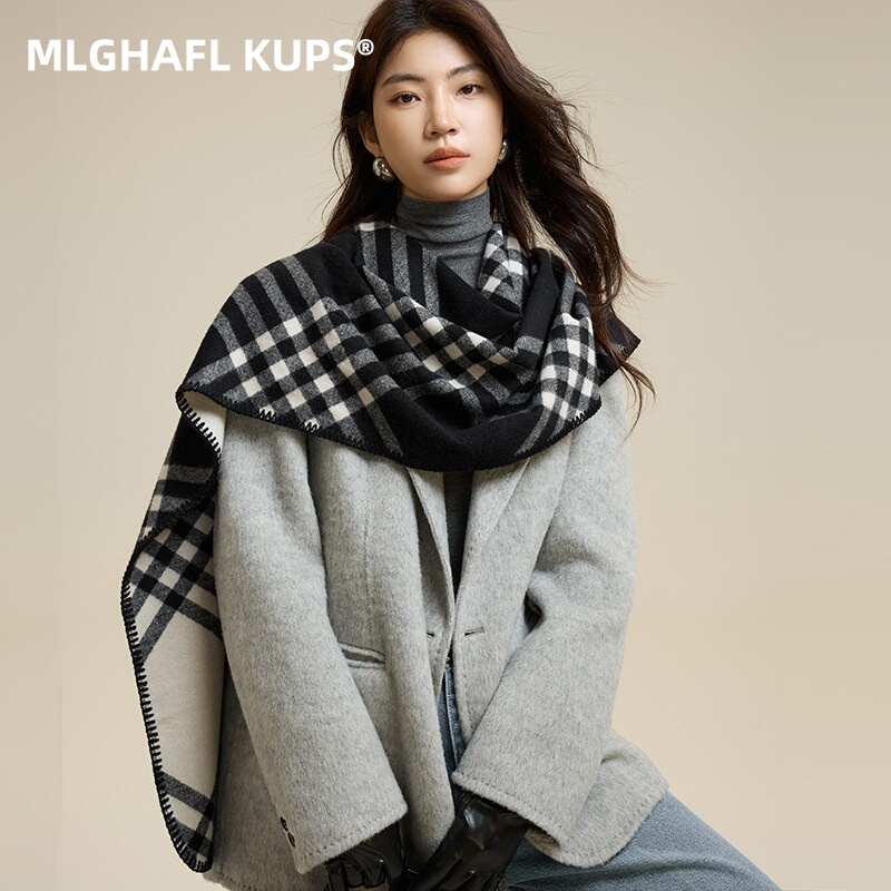 Mlghafl Kups Cashmere Scarf for Women, Autumn and Winter Classic British Style Double-Sided Versatile Neck Scarf, High-End Wool Shawl