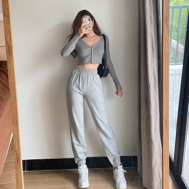 Kardashian with the same loose thin gray sweatpants female European and American ins Jazz casual drawstring pants Harlan Wei pants