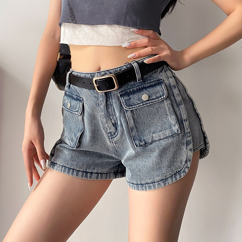 European and American ins high waist display slim pocket tooling denim overshorts women Summer 2022 new display leg long hot pants tide