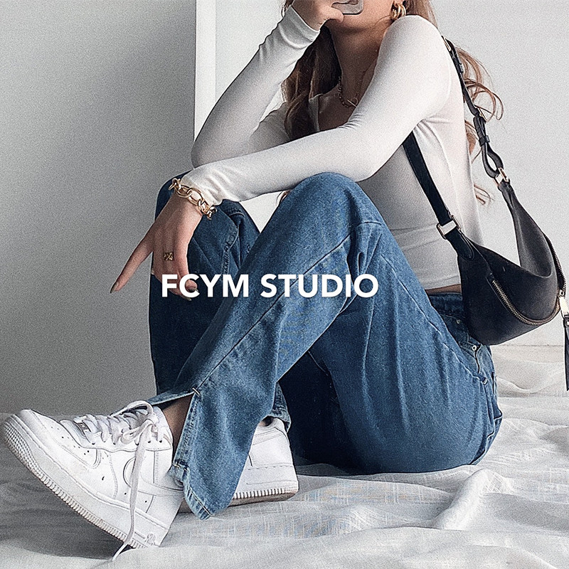 European and American high-waisted new straight jeans women's American retro bifurcated trousers split mopping trousers trendy ins