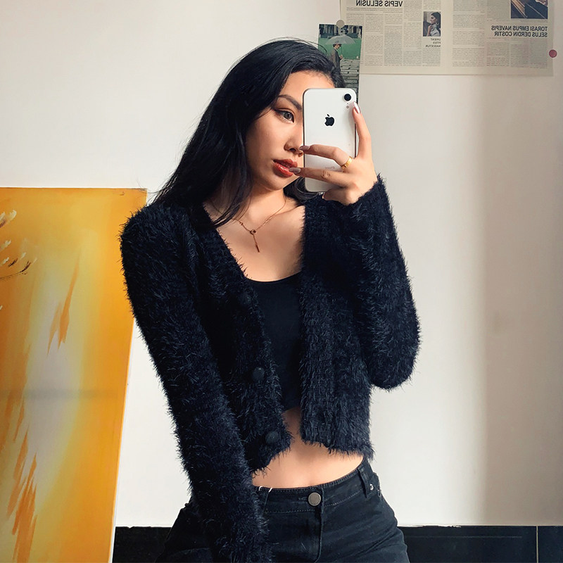 Mahimahair knit cardiovert wool suede sweater woman European and American short Dew Navel Loose V collar blouse small jacket thin