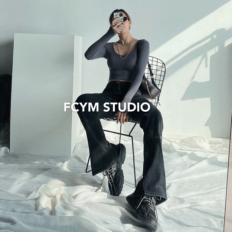 Europe and the United States high waist thin flared pants white straight jeans women rear split small vintage mop wide leg pants