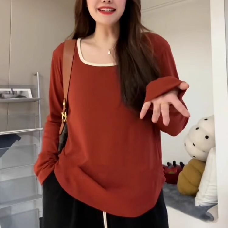 150kg Plus Size Women's Square Neck T-Shirt Spring and Autumn Women's Base Shirt for Slightly Chubby Women, Loose Fit, Tummy Covering, Slimming Long Sleeve Top