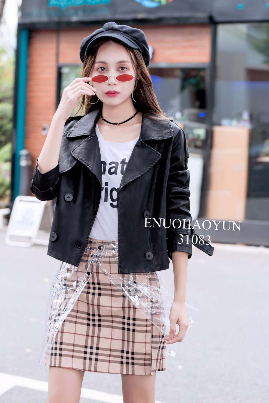 好 韵 正品 PU rửa da chà 2018 新 31083 phù hợp với cổ áo ngắn áo da nữ