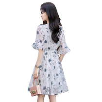Floral chiffon dress for women 2024 new summer slim waist-covering belly-looking fairy a-line skirt