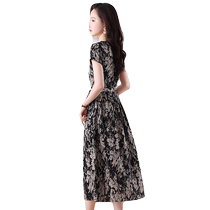 Cotton and linen dress womens mid-length 2024 summer new short-sleeved fashion printed waist slimming skirt summer