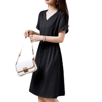 New national style dress 2024 womens summer new style mid-length short-sleeved V-neck waist elegant commuting temperament long dress