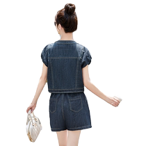 Commuting versatile denim short-sleeved shirt suit for women 2024 summer new style small style age-reducing shorts two-piece set