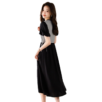 Striped splicing fake two-piece puff short-sleeved dress for women summer temperament high waist chic beautiful A-line long skirt