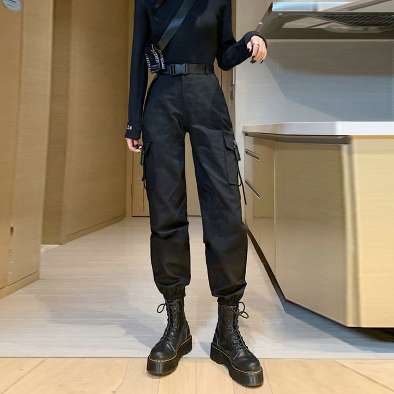 Black overalls women's autumn bundle feet handsome and thin spring models 2020 new cool and handsome large size fat mm high waist