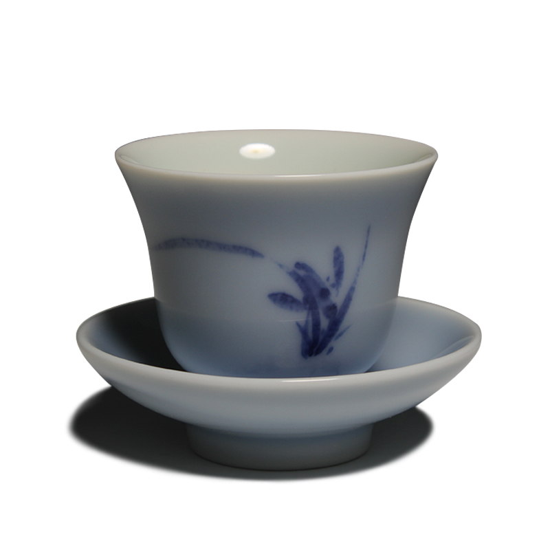 Taiwan ceramic master Cai Xiaofang kiln hand-painted blue and white sea blue glaze orchid cup set of one cup one cup tray tea cup tea set