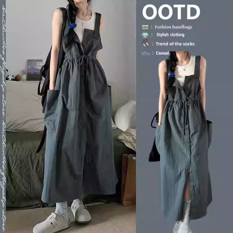 Maternity Summer Dress 2024 New Summer Slimming Vest Women's Suspender Long Dress Summer Two-Piece Suit