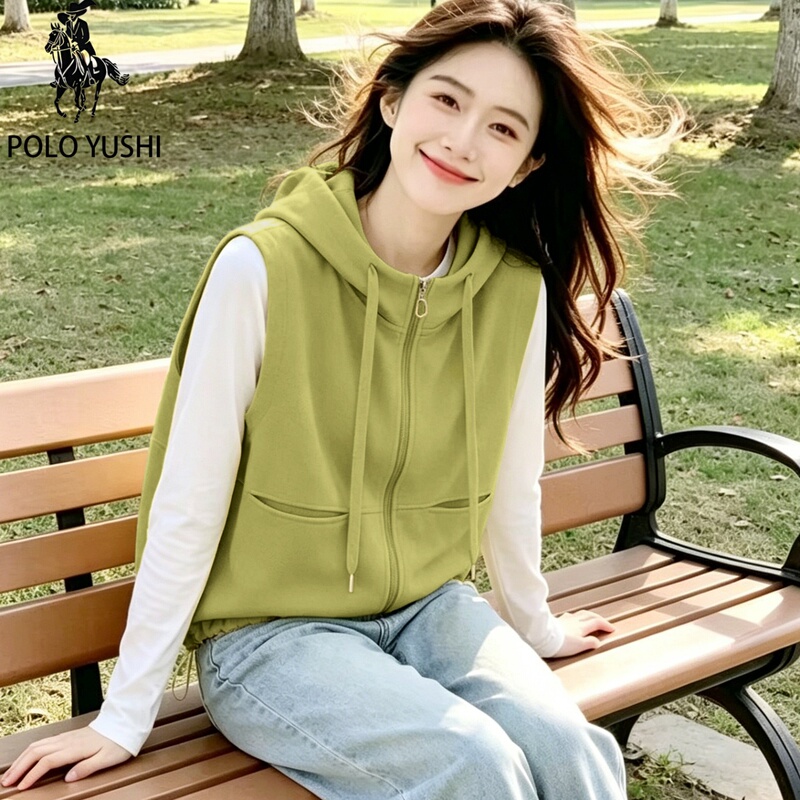 Cotton Drawstring Sleeveless Hooded Vest 2026 New Spring and Autumn Commuter Loose Sweatshirt Zipper Casual Jacket Top