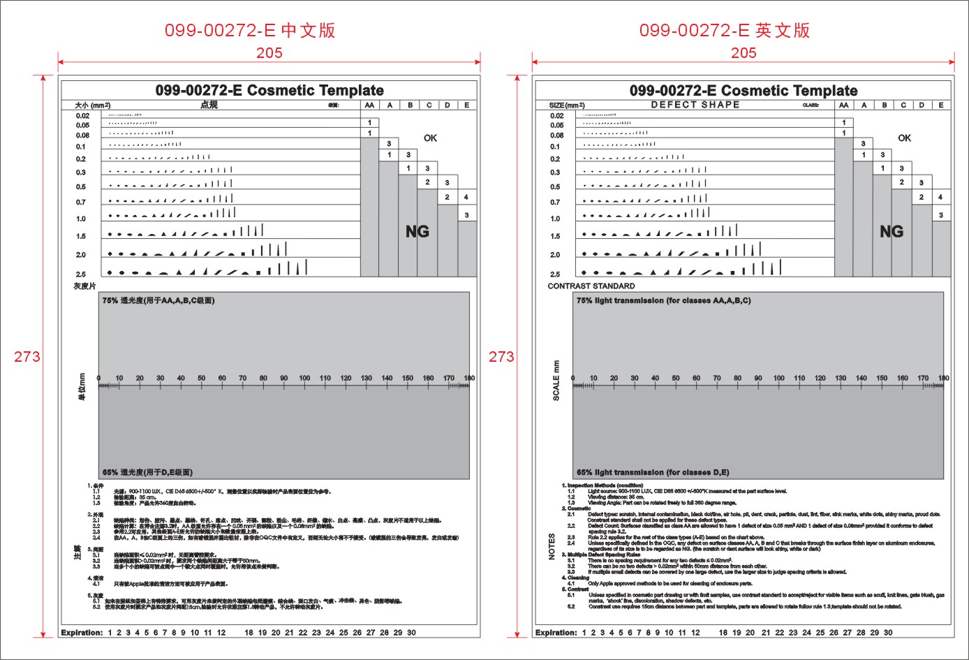 099-00272-E Film Appearance Defects Shape Template Dot Line Gauge Stain Contrast Card Foreign Object Scars