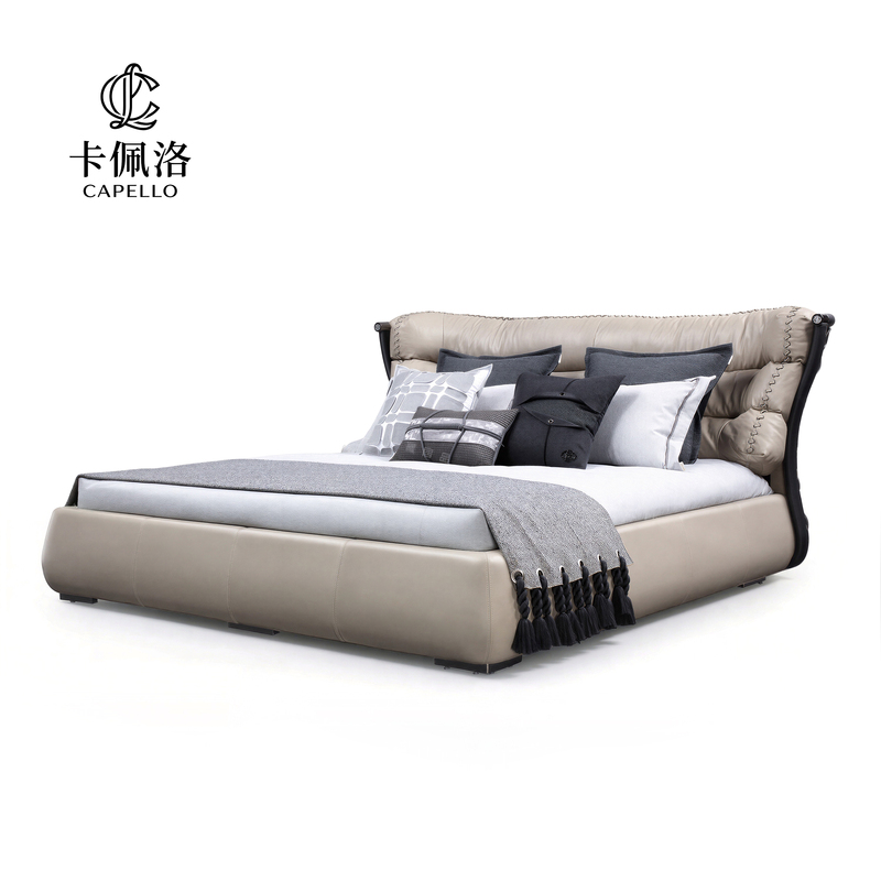 Kapello High-End Light Luxury Modern Italian Minimalist High-End Large Flat-Floor Villa Bedroom with Genuine Leather Double Bed in the Master Bedroom