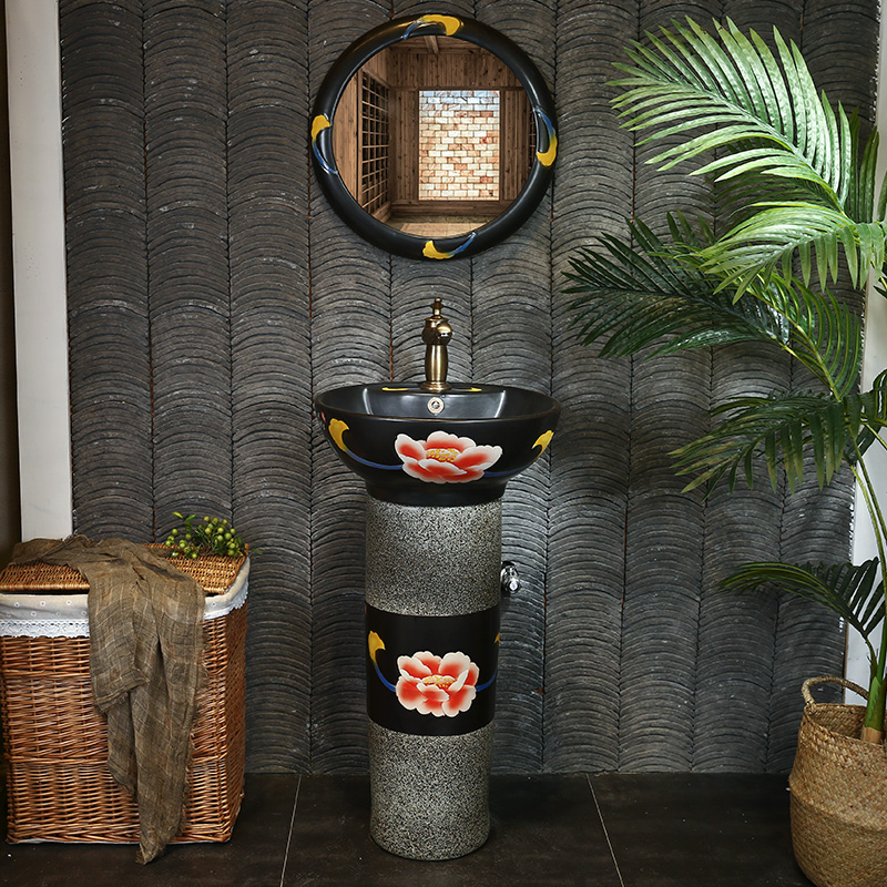 Retro red peony carving art pillar lavabo basin ceramic column type lavatory vertical integrated floor