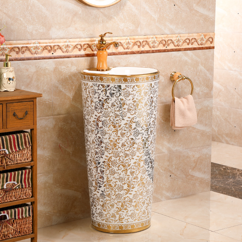 Ceramic column type lavatory basin integrated European golden column basin floor toilet lavabo balcony