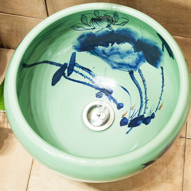 Art ceramic bathroom balcony mop pool round mop pool one - piece mop pool of large diameter 42 cm ink lotus