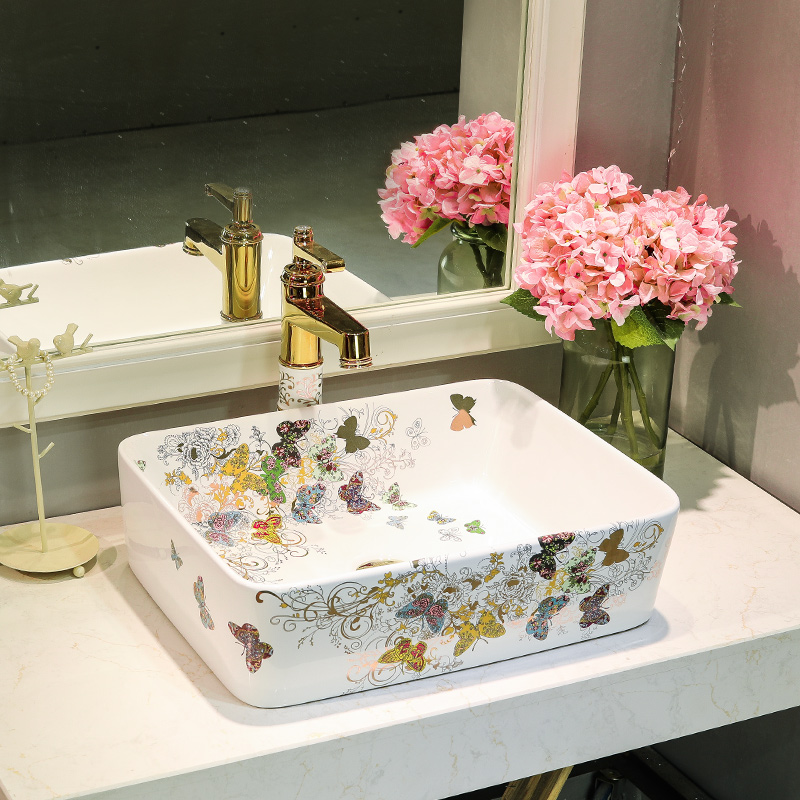 What king of ceramic sanitary ware of toilet stage basin European lavabo lavatory white long golden butterfly garden
