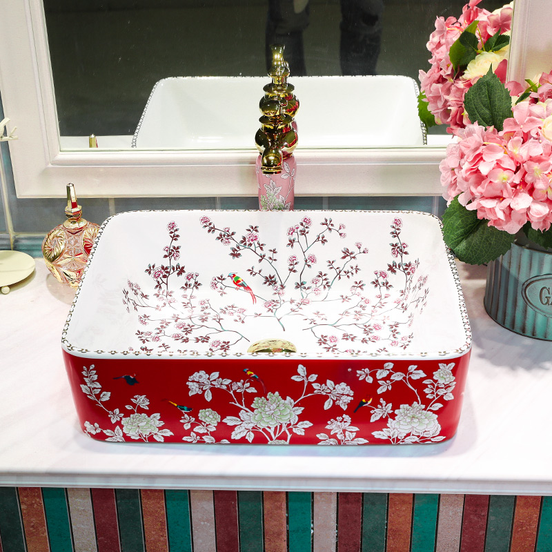 What king of toilet stage basin ceramic European contracted the sink basin rectangular basin that wash a face red flowers and birds