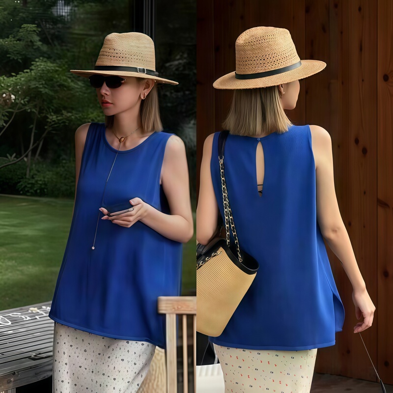 Super Stylish Klein Blue Round Neck Sleeveless Knitted Vest for Women, 2026 New Summer Style with Hollow Back, Thin Top Super Stylish Klein Blue Round Neck Sleeveless Knitted Vest for Women, 2026 New Summer Style with Hollow Back, Thin Top