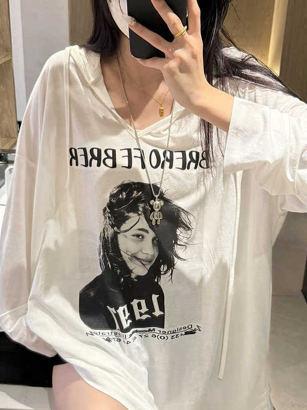 American Style Hooded Long-Sleeve T-Shirt for Women 2026 New Loose Oversized Mid-Length White Hoodie Sun Protection Cover-Up Top