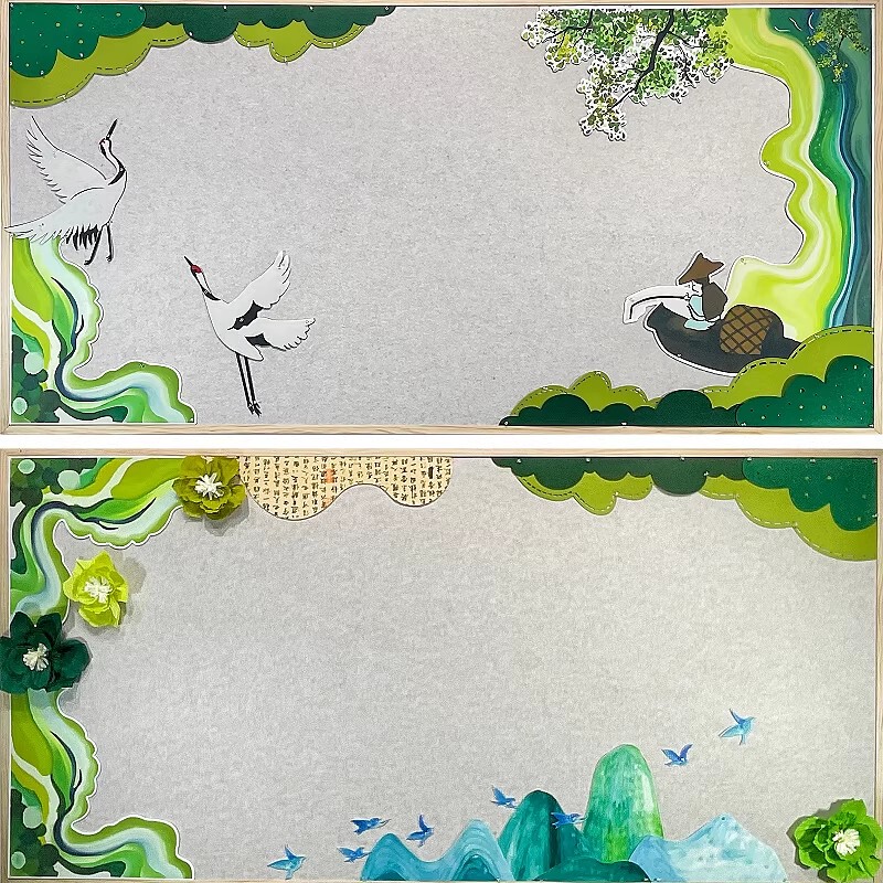 Primary School Classroom Corridor Blackboard Border Spring Green New Chinese Style Landscape Flower and Bird Culture Large Wall Sticker Decoration