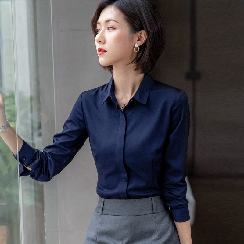 Elegant Professional Shirt for Women, Long-Sleeved Workwear, High-End Dark Blue Shirt, Spring and Autumn Slim-Fit Work Clothes, Office Top