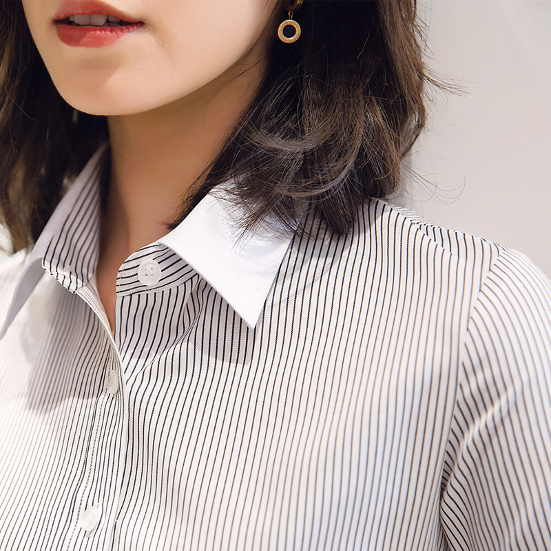Women's Shirt, Elegant Black and White Striped Business Attire, Work Clothes, Short-Sleeved Cotton Vertical Striped Shirt, Women's Workwear, Summer