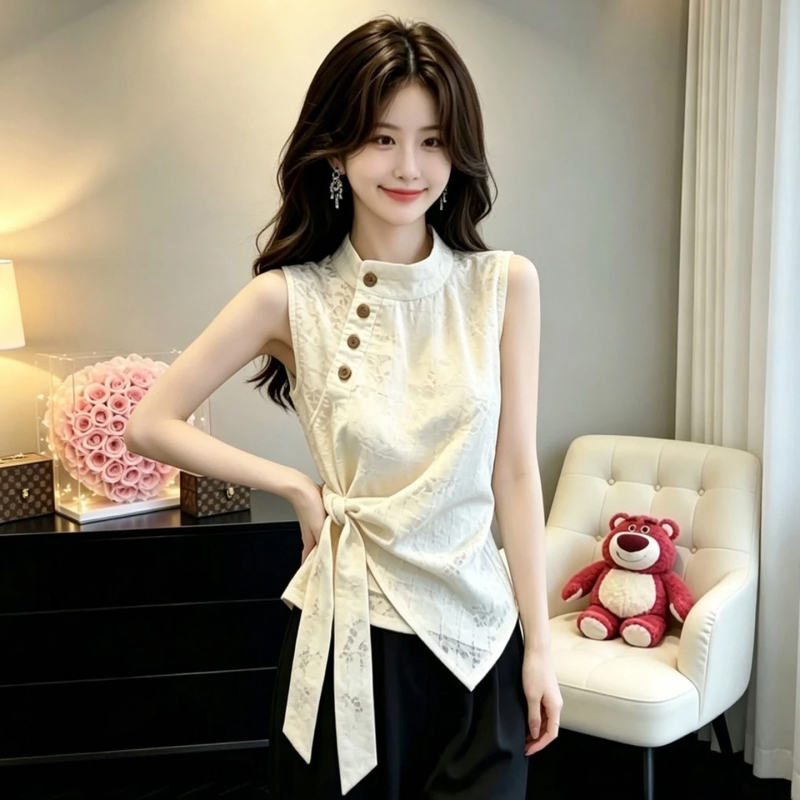 Light Mature Style Lace-Up Sleeveless Vest Lace Blouse for Women 2026 Summer New Design Commuter Waist-Cinching Top Light Mature Style Lace-Up Sleeveless Vest Lace Blouse for Women 2026 Summer New Design Commuter Waist-Cinching Top