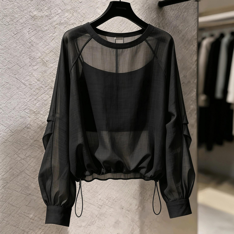 Commuting Style Patchwork Shirt for Women 2026 Summer New Style Elegant Airy Slightly See-Through Loose Drawstring Top Trendy