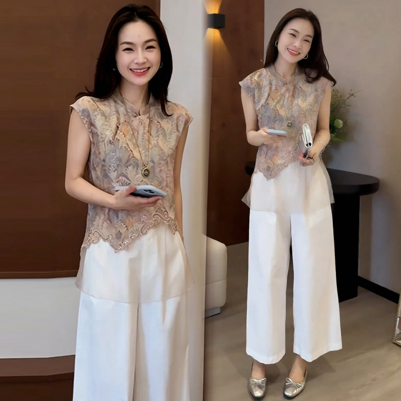 New Chinese-Style Women's Summer Outfit, Fashionable Mesh Patchwork Sleeveless Printed Shirt and Wide-Leg Pants, National Style Two-Piece Set New Chinese-Style Women's Summer Outfit, Fashionable Mesh Patchwork Sleeveless Printed Shirt and Wide-Leg Pants, National Style Two-Piece Set