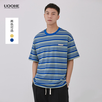 UOOHE collision striped short-sleeved t-shirt male round collar new compassionate loose letter pin shirt in summer 2022