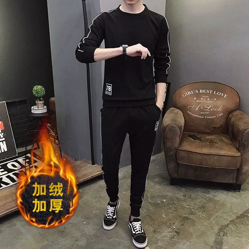 Bộ đồ thể thao nam mùa xuân và mùa thu kiểu cổ tròn áo len dài tay thể thao mặc giản dị quần dài học sinh thanh niên chạy bộ