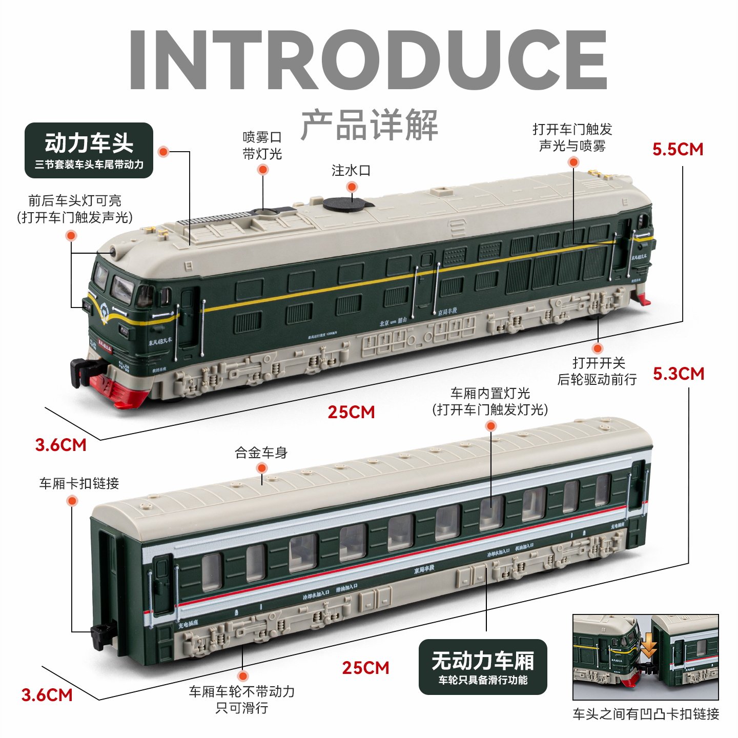 Dongfeng Steam Train Rail Car Toy for Boys, Electric Spray Green Leather Fuxing Train Model, Children's Gift