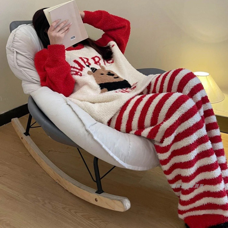 Women's Winter Pajamas, Half-Velvet, Thickened Coral Fleece, Striped Red, ins New Year Set, Christmas, Spring and Autumn Loungewear