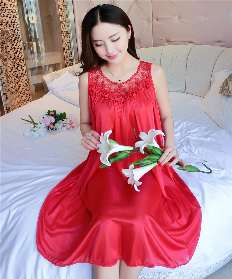 Đồ ngủ của phụ nữ mùa hè ngắn tay lỏng kích thước lớn băng lụa nightdress không tay chất béo M200 kg lụa sexy dây đai váy