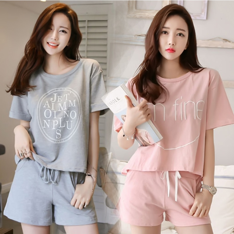 Korean version of summer thin cotton women's short-sleeved pajamas cotton fat mm home clothes suit shorts plus fat plus size