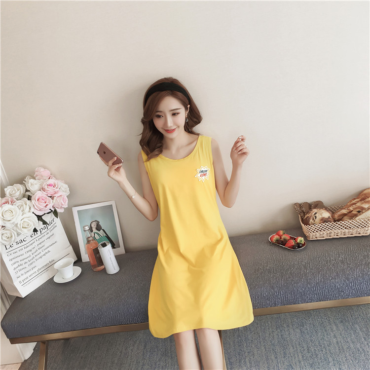 Nightdress nữ mùa hè vest với ngực pad bar áo ngực Hàn Quốc phiên bản sinh viên tươi đồ ngủ cotton không tay có thể được đeo