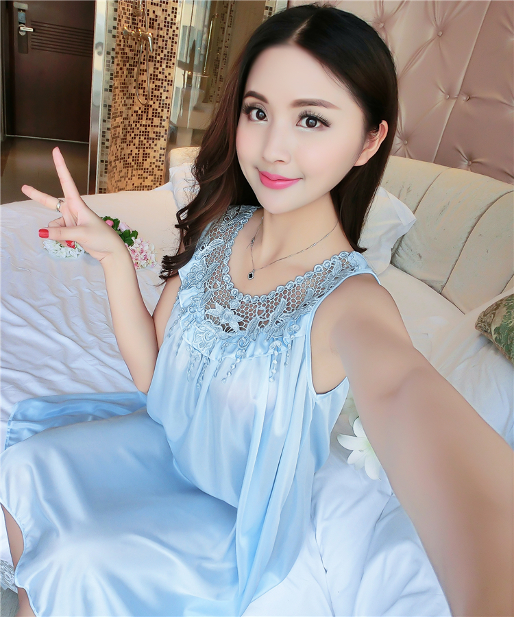 Đồ ngủ của phụ nữ mùa hè ngắn tay lỏng kích thước lớn băng lụa nightdress không tay chất béo M200 kg lụa sexy dây đai váy