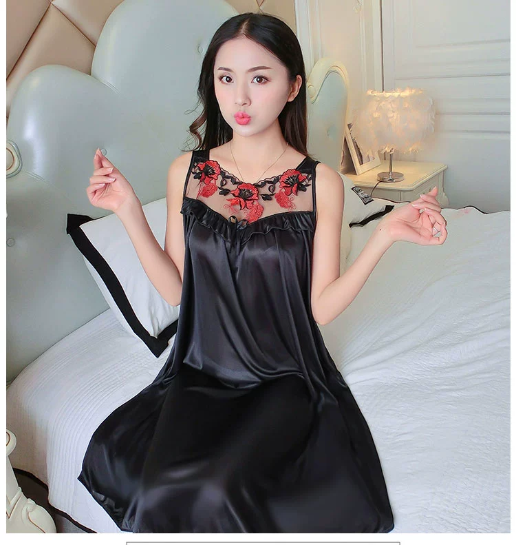 Ladies nightdress mùa hè lụa ngắn sexy hot dành cho người lớn kích thước lớn chất béo MM200 kg băng lụa vui vẻ đồ ngủ váy