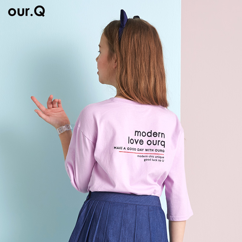 Ourq trẻ em váy cô gái t-shirt mùa xuân và mùa thu áo khoác trẻ lớn bé 7 tay áo bông áo đáy dương-khí Hàn Quốc phiên bản.