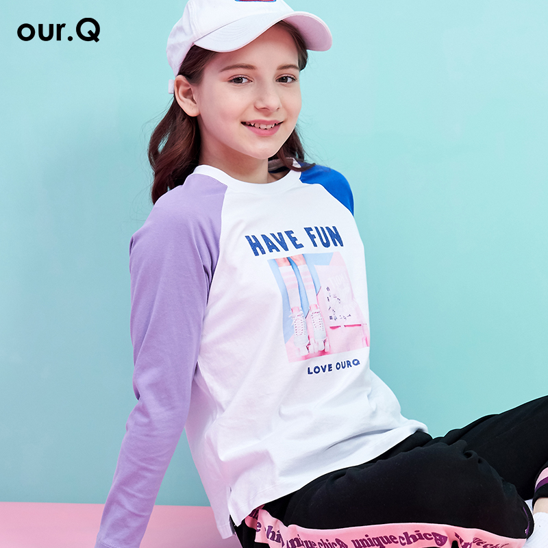 váy cô gái trẻ Ourq của dài sleevet trẻ em t-shirt tuổi teen mùa thu không khí vết sưng màu bottomshirt bông hàng đầu.