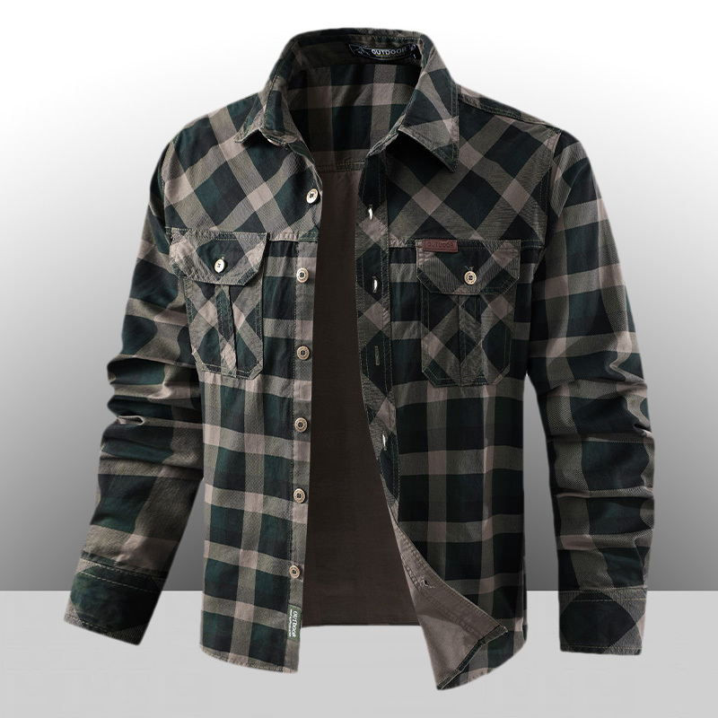Spring and Autumn Retro Plaid Shirt Men's Long-Sleeved Shirt Thin Loose Cotton Workwear Jacket Large Size Lapel Top