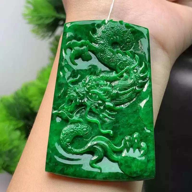 天然A货翡翠吊坠冰种满绿黄翡玉牌男款龙形高级玉石颈饰-Taobao-Tmall