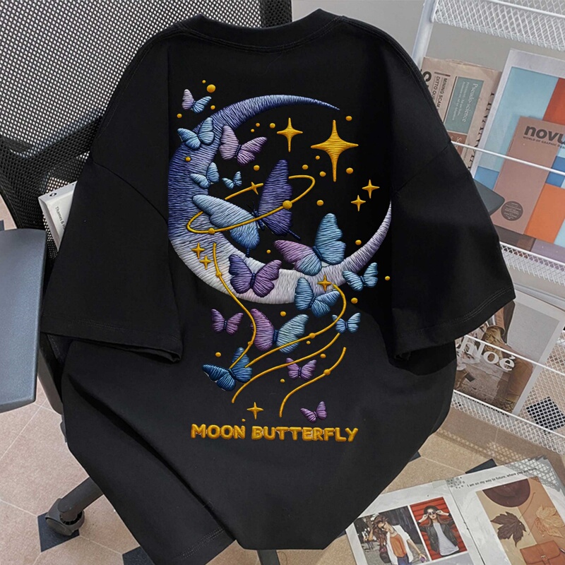 Dreamy Moon Butterfly Short Sleeve T-Shirt Summer Loose Oversize Black Half-Sleeve Ins Style Gentle Top