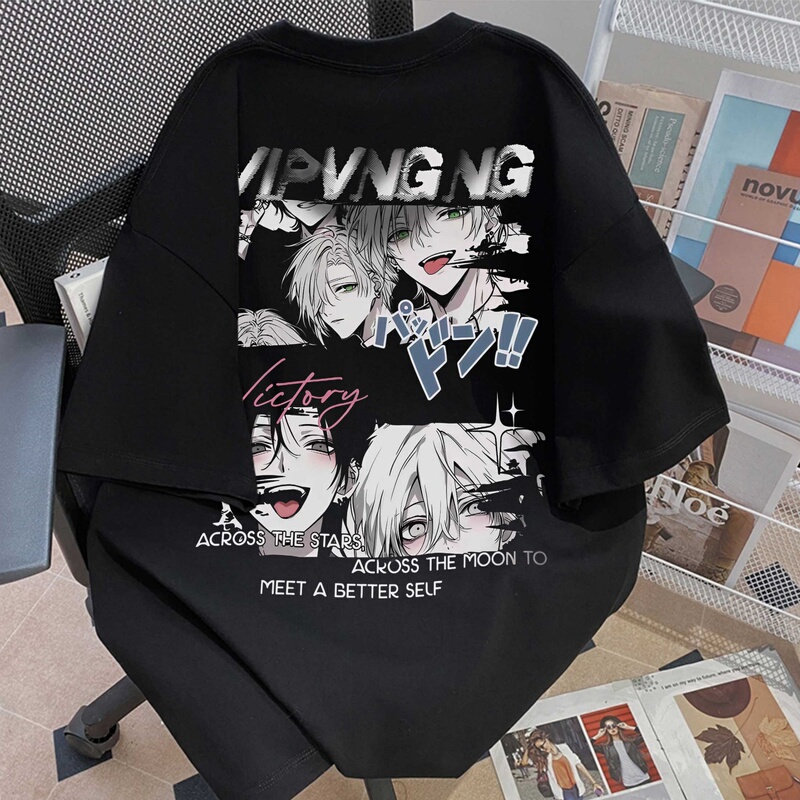 New Style Pure Cotton Anime Print Short-Sleeved T-Shirt for Men and Women, Black Loose Oversize Trendy Brand Top for Summer